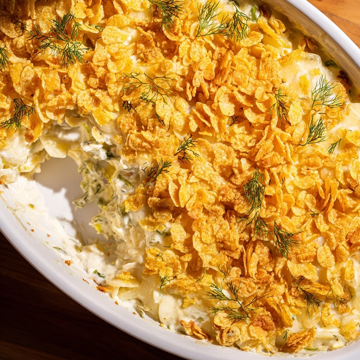 Close-up of bubbling, cheesy Midwest Classic Funeral Potatoes with Pickle Ranch Twist, ready to serve.