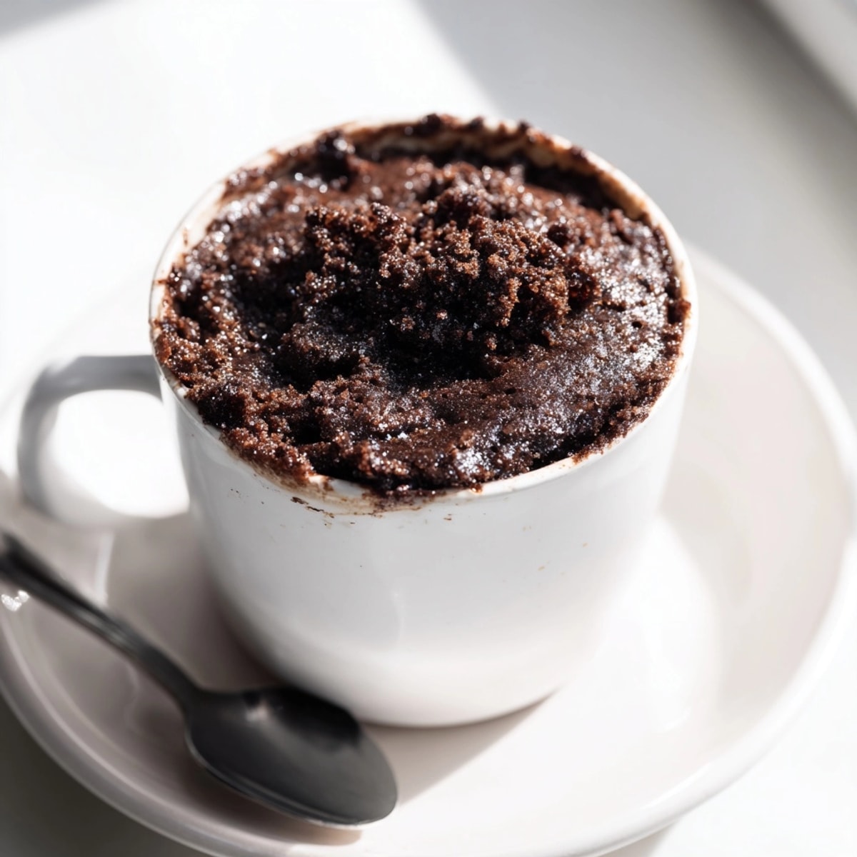 Warm, gooey Chocolate Mug Brownie overflowing a mug, ready for vanilla ice cream.