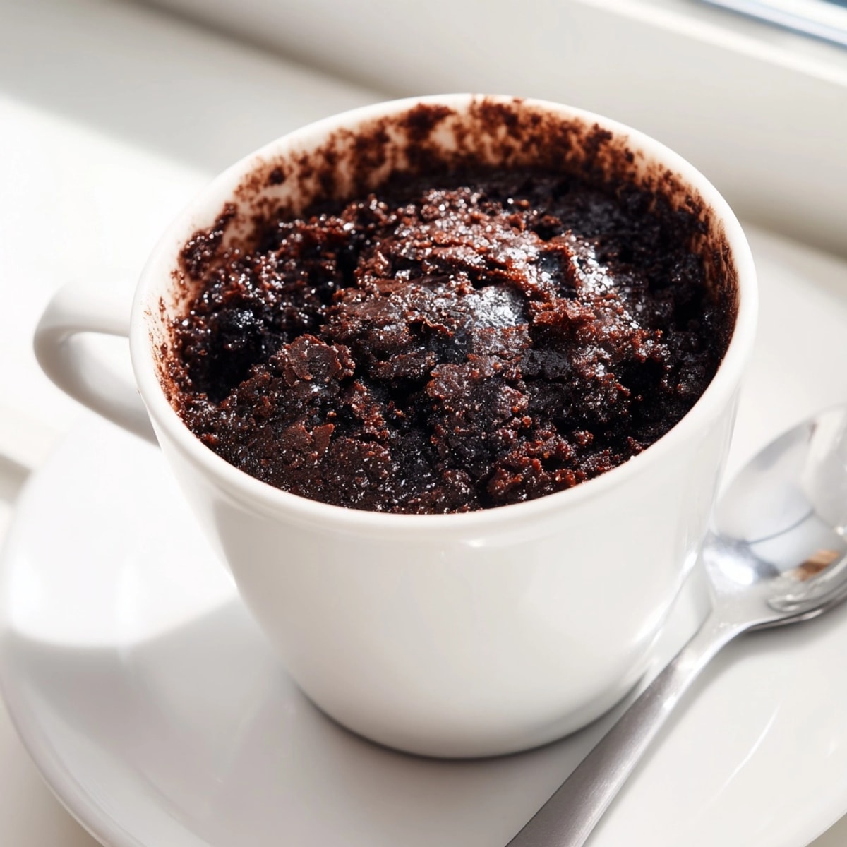 Fudgy Chocolate Mug Brownie, soft and steaming, made from scratch in under sixty seconds.