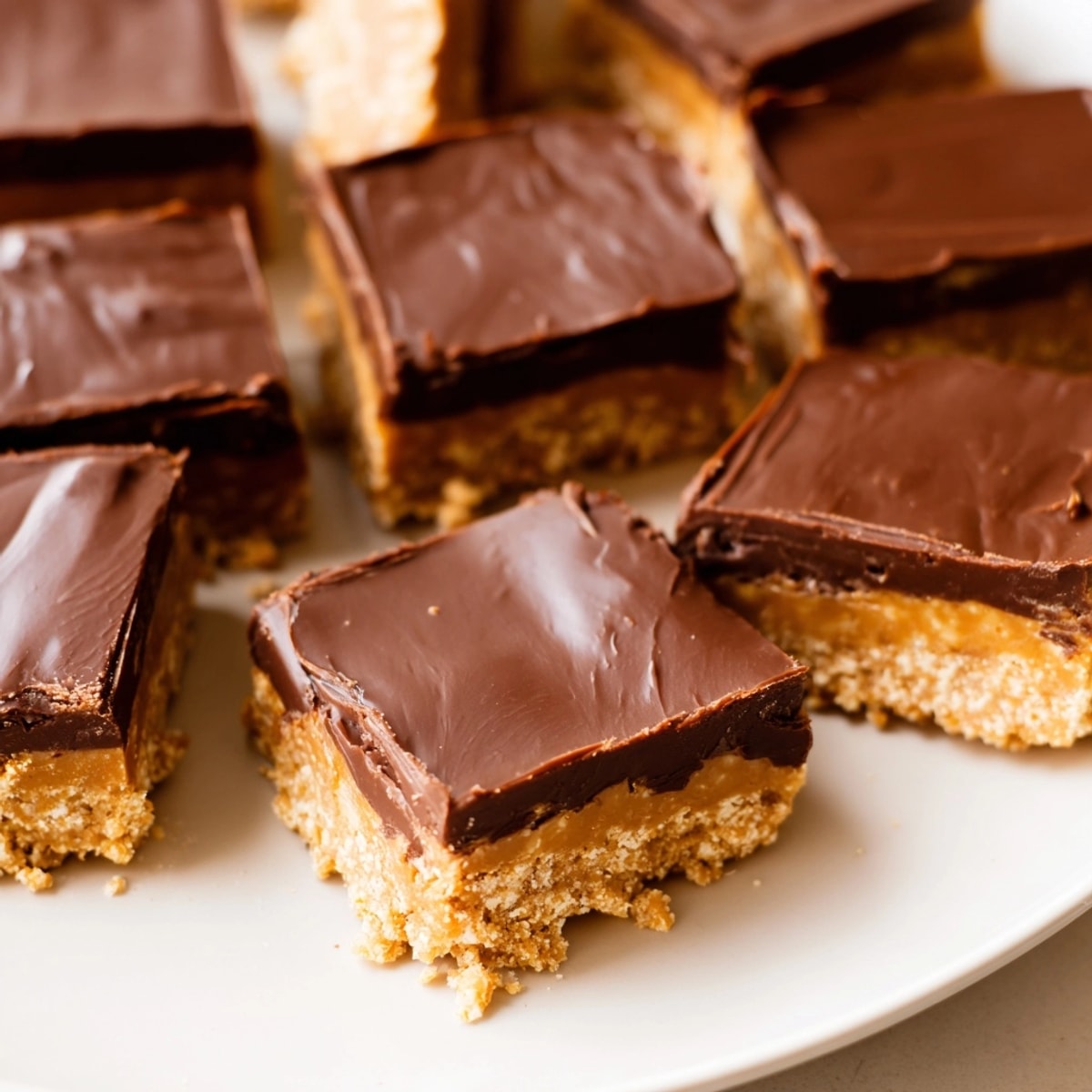 No-Bake Peanut Butter Bars, chocolate-topped and chilled, perfect for a quick, satisfying treat.