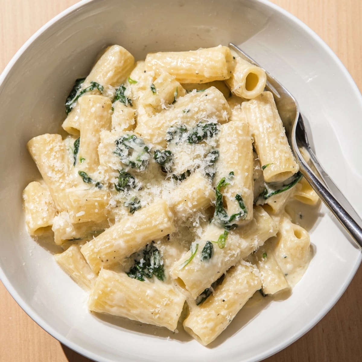 Creamy Spinach Alfredo Pasta: Twirled noodles coated in a rich, cheesy, verdant sauce.