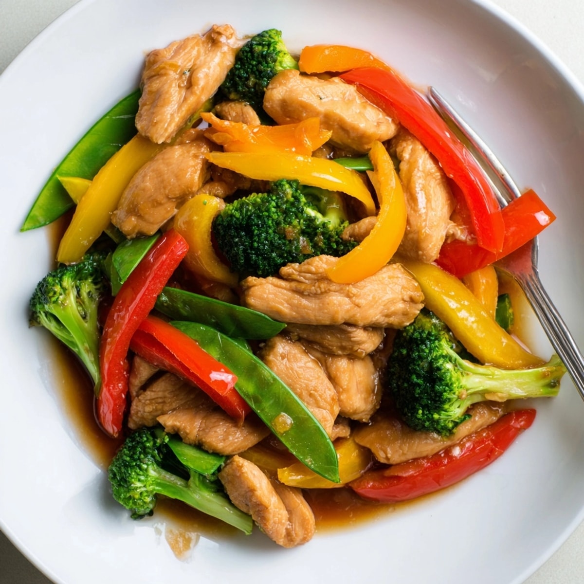 Golden-brown Chicken &amp; Veggie Stir-Fry ready to serve over fluffy rice.