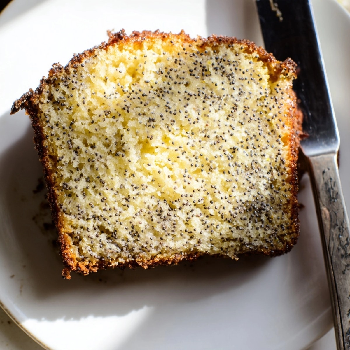 Golden Lemon Poppy Seed Loaf, fresh out of the oven, ready to slice.