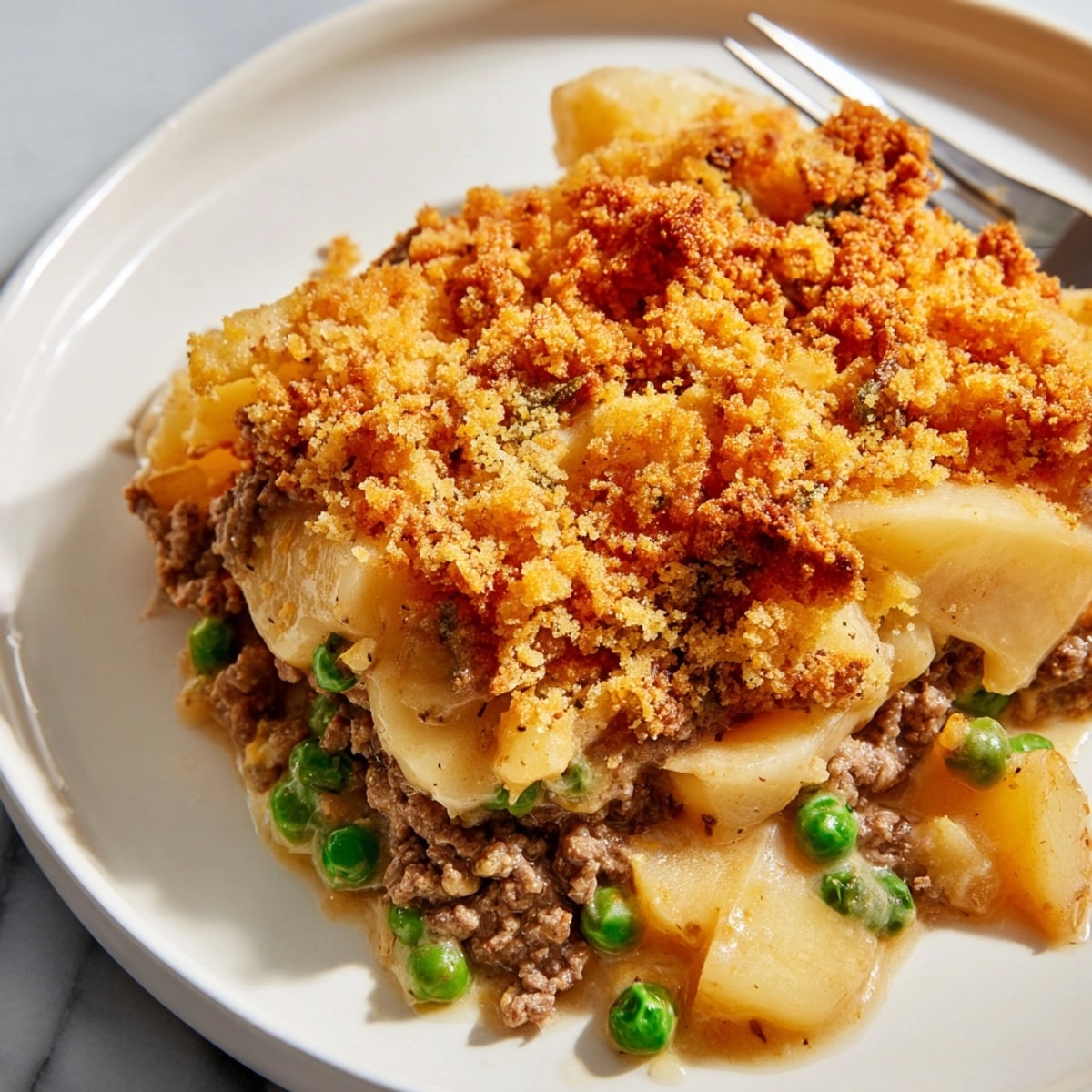 Golden Beef and Potato Casserole bubbling hot, a hearty family-style comfort food.