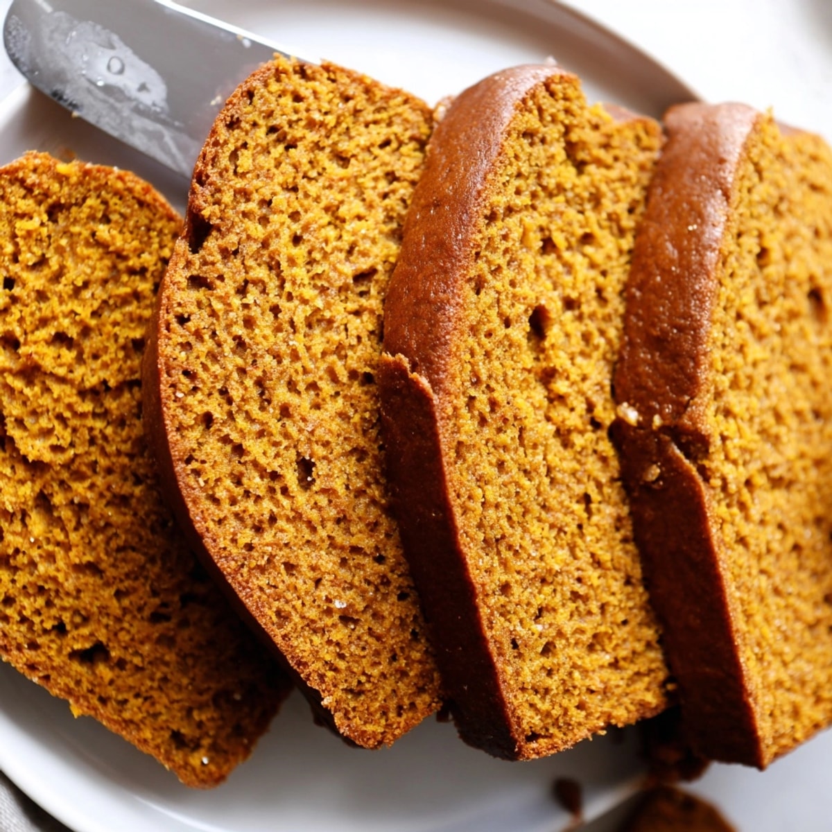 Moist Pumpkin Spice Bread, wonderfully fragrant, sits golden brown on a wooden cutting board.
