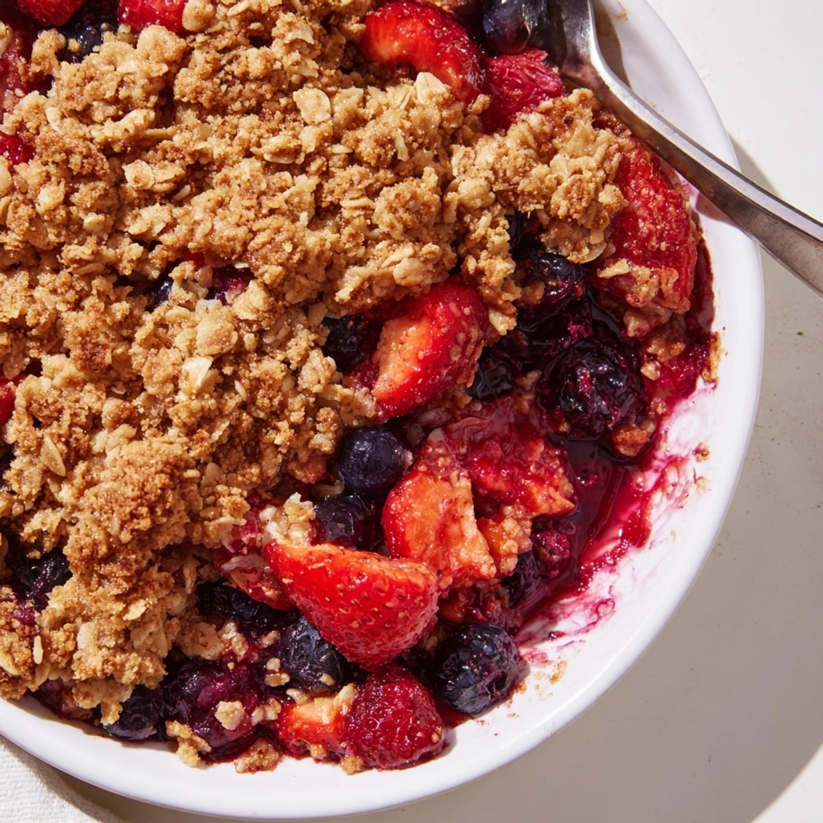 Homemade Summer Berry Crisp bubbling, golden brown streusel smelling sweet and fruity.