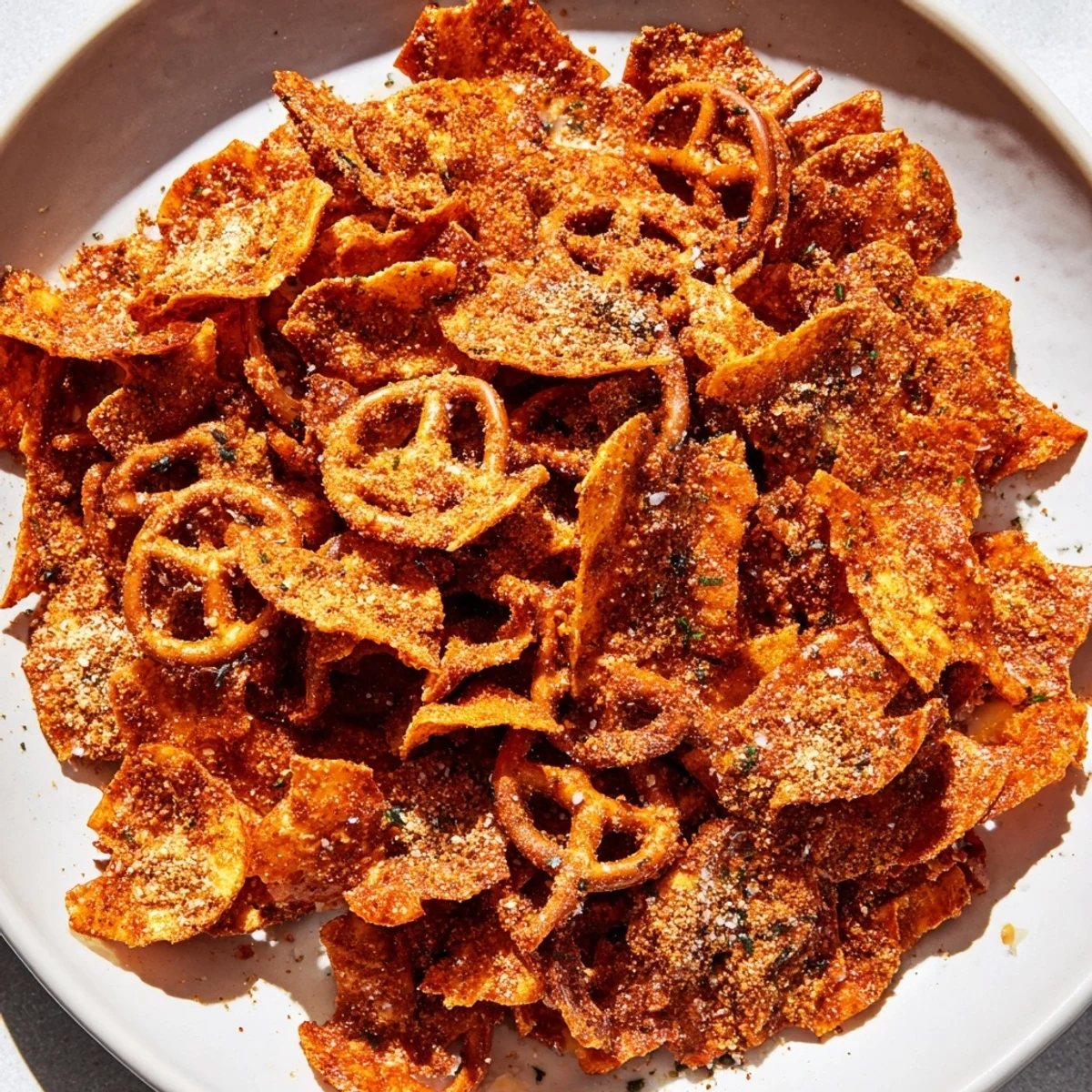 Crunchy spicy pretzel chips with garlic and paprika, a delightful festive treat.
