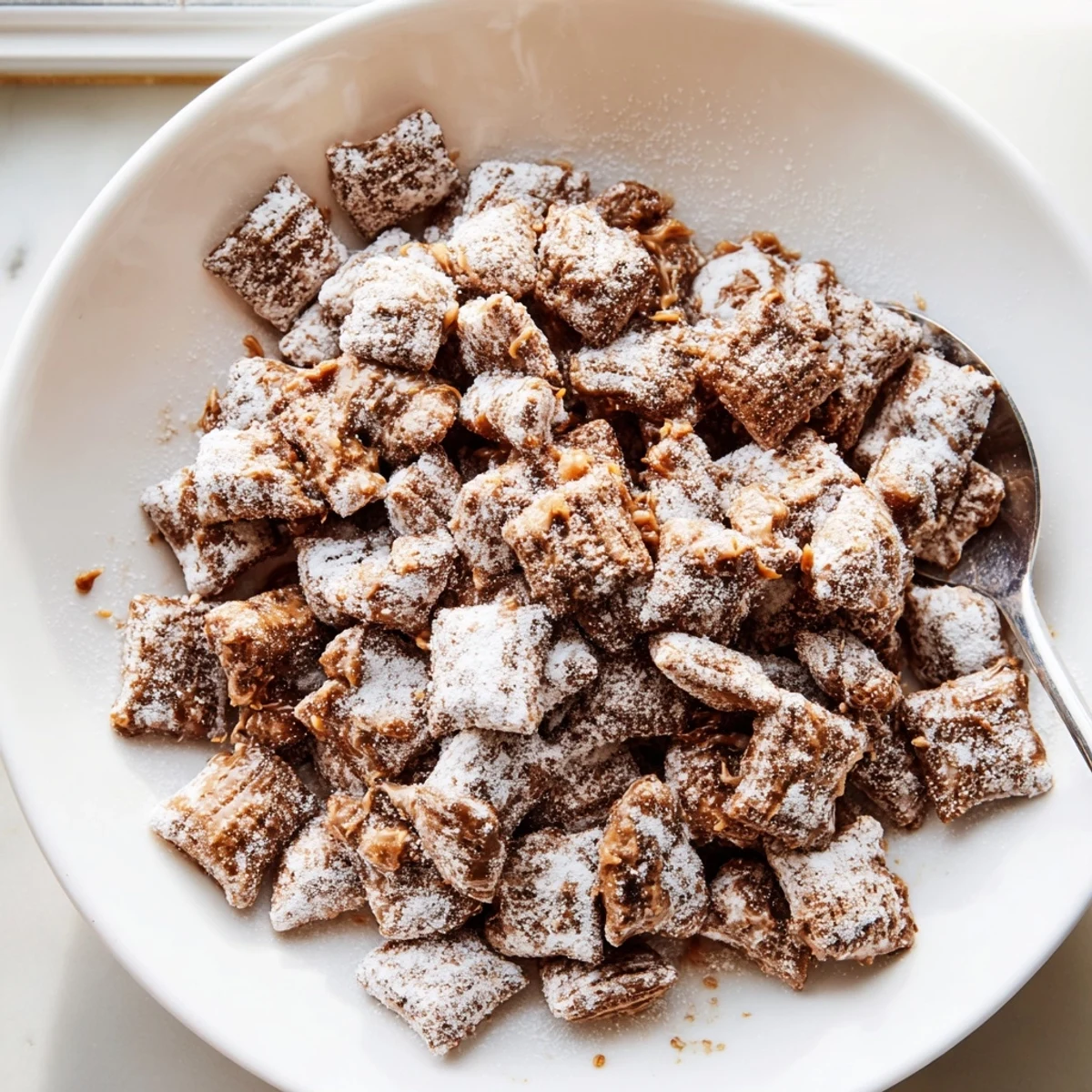 Richly spiced Thanksgiving Chai-Spiced Puppy Chow sprinkled with powdered sugar, perfect for sharing.  
