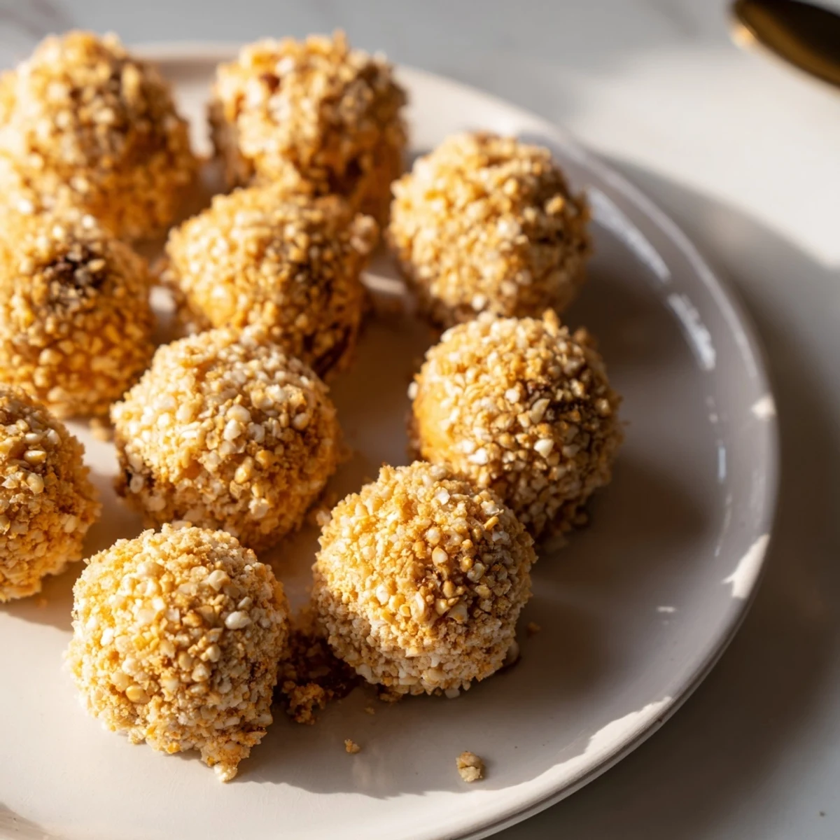 Golden biscuit balls stuffed with sweet potato and coated in crunchy pretzels.