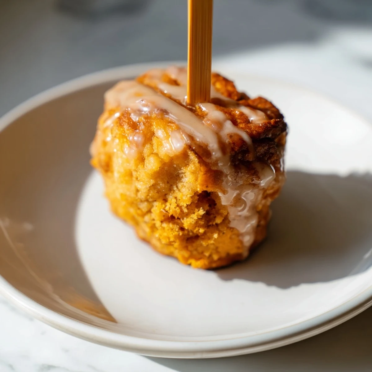 Flaky Sweet Tea Pumpkin Muffin Pops served on sticks, glistening with sweet tea glaze.  