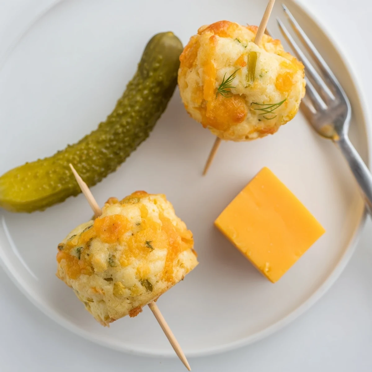 Savory dill pickle cheddar muffin skewers, perfect for parties and gatherings.  