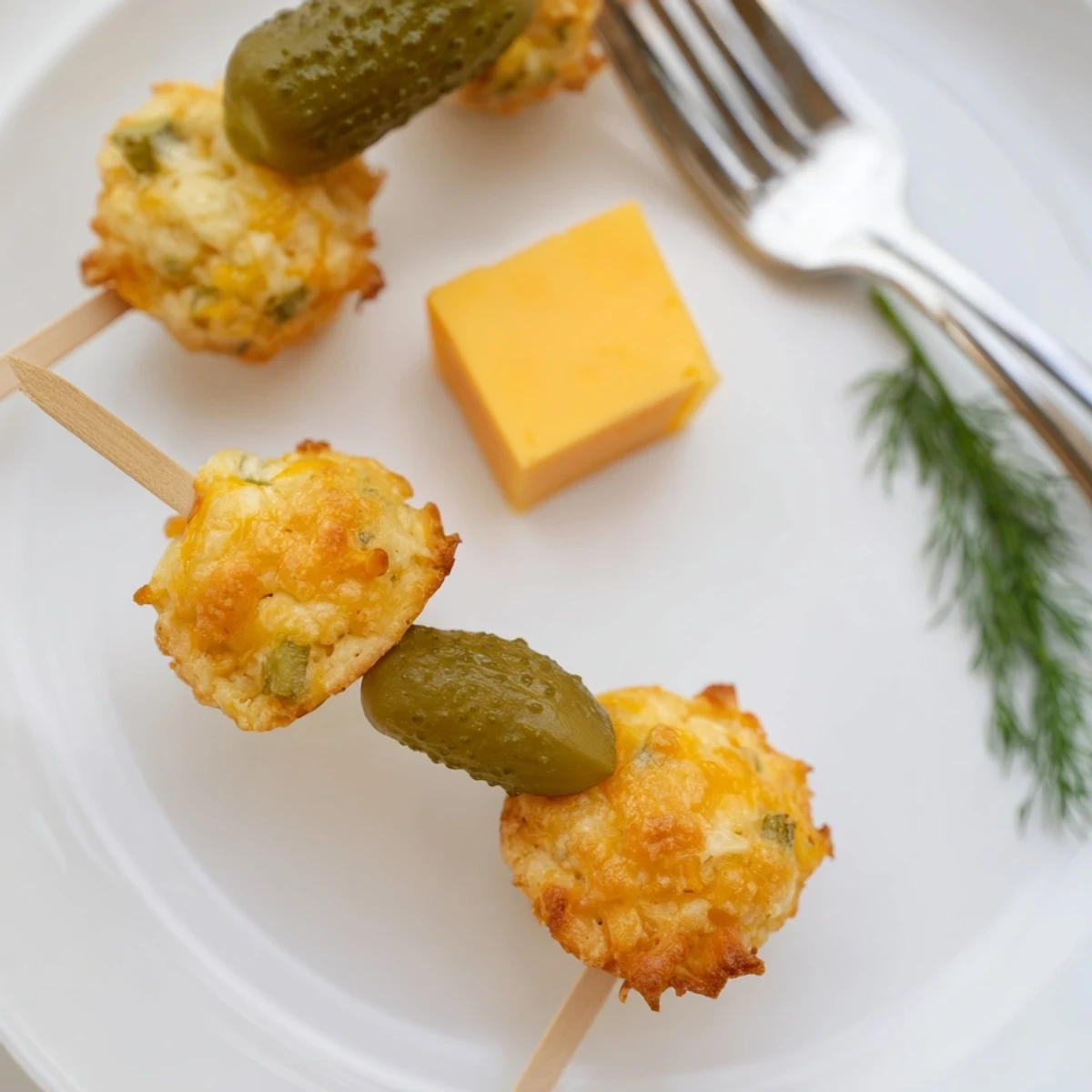 Deliciously baked cheddar muffins threaded with dill pickles for a tasty bite.