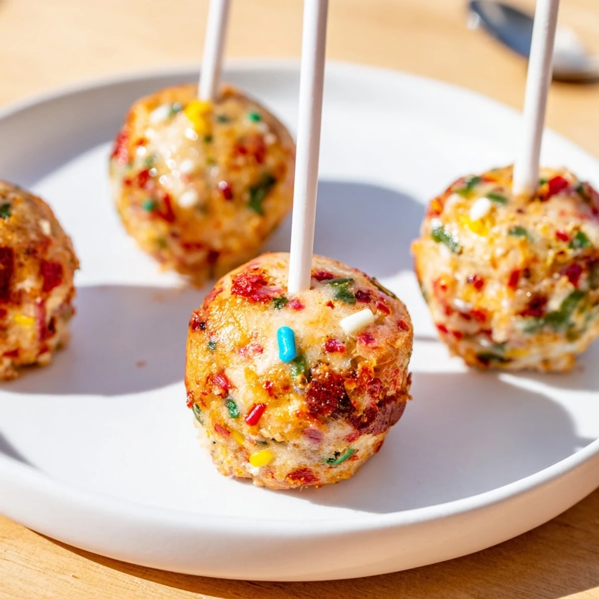 Colorful Chili Garlic Funfetti Muffin Pops, perfect for parties, with a savory crunch.  