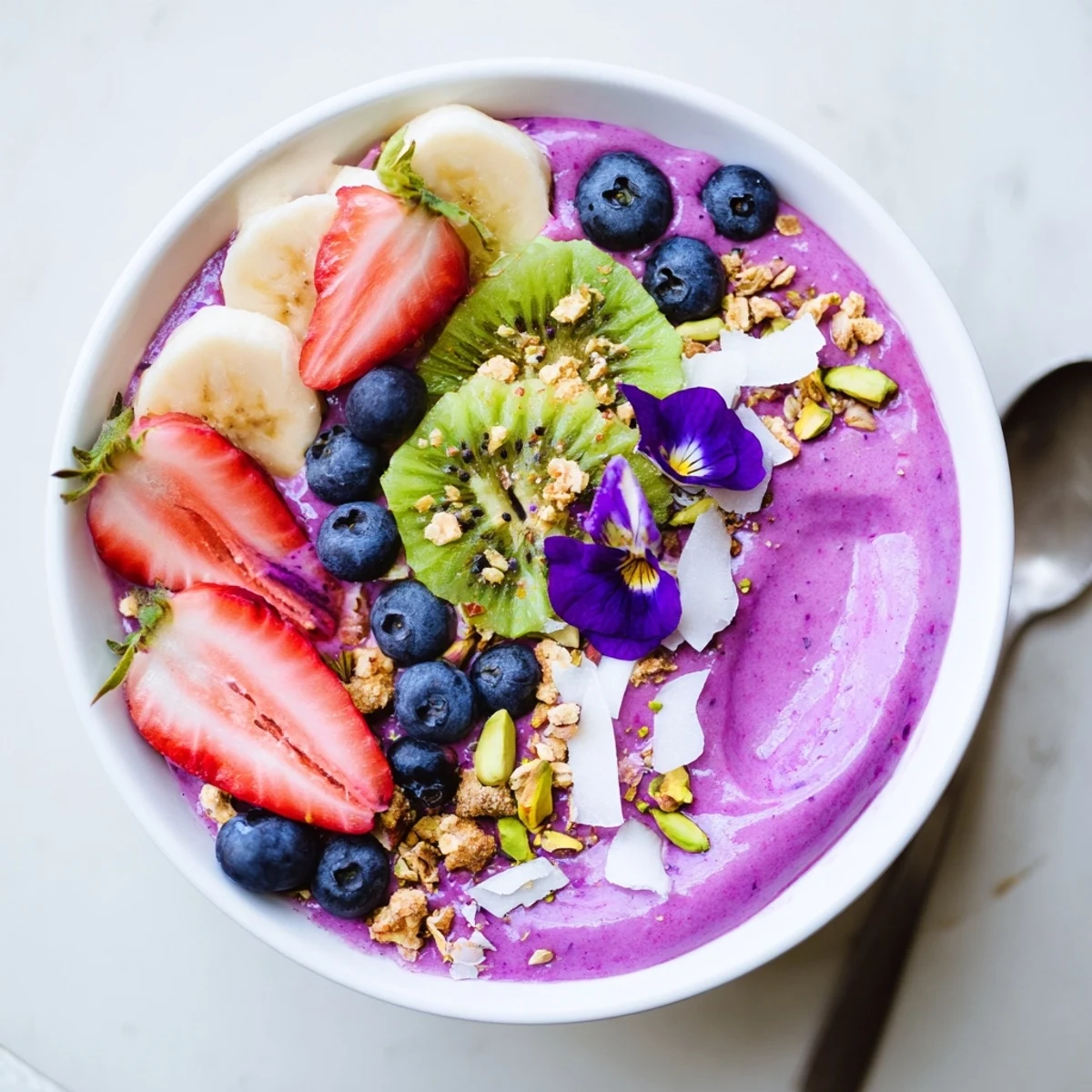 Vibrant Smoothie Bowls with Unexpected Twists topped with kiwi, berries, and granola.  
