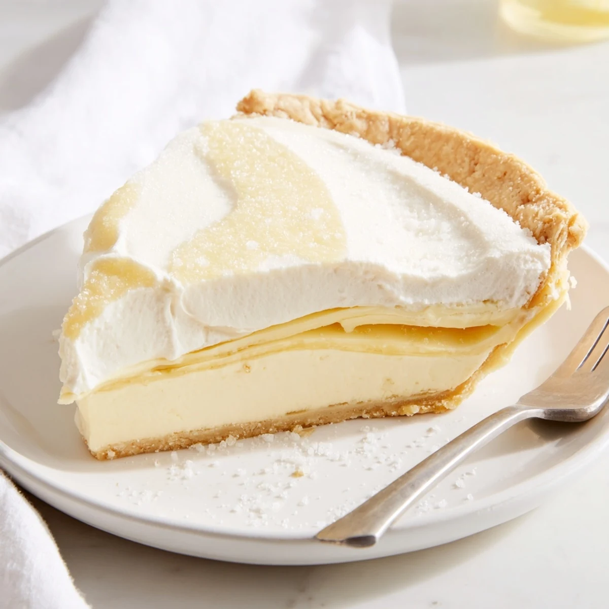 Creamy water pie cooling on the counter, topped with fresh berries and whipped cream.  