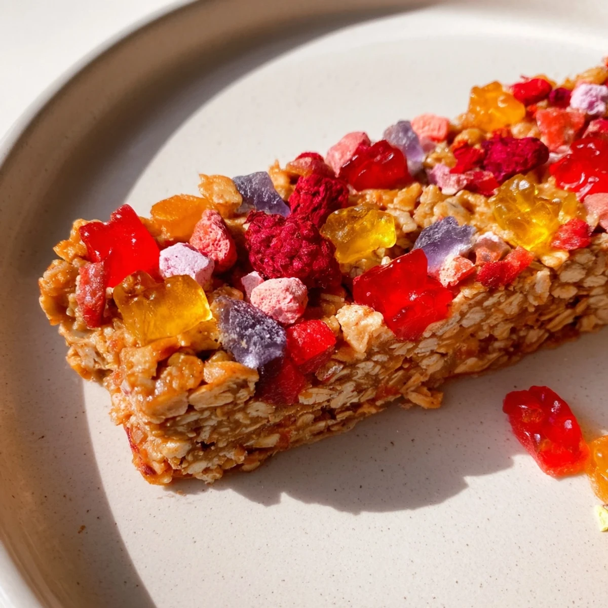 Colorful DIY snack bars topped with chewy homemade gummies and freeze-dried candy.  