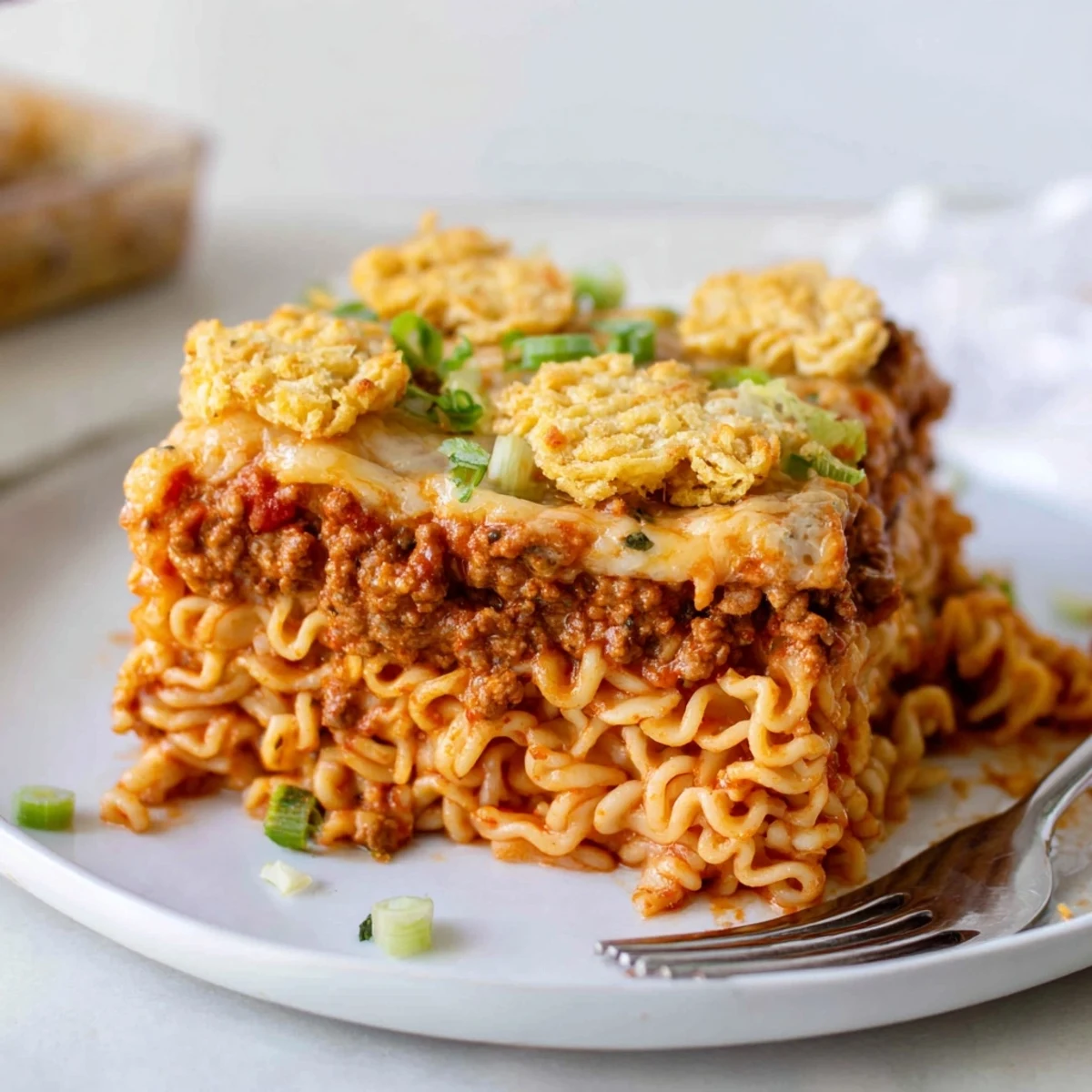 Spicy Ramen Lasagna layered with savory pork, creamy ricotta, and melty cheese.  