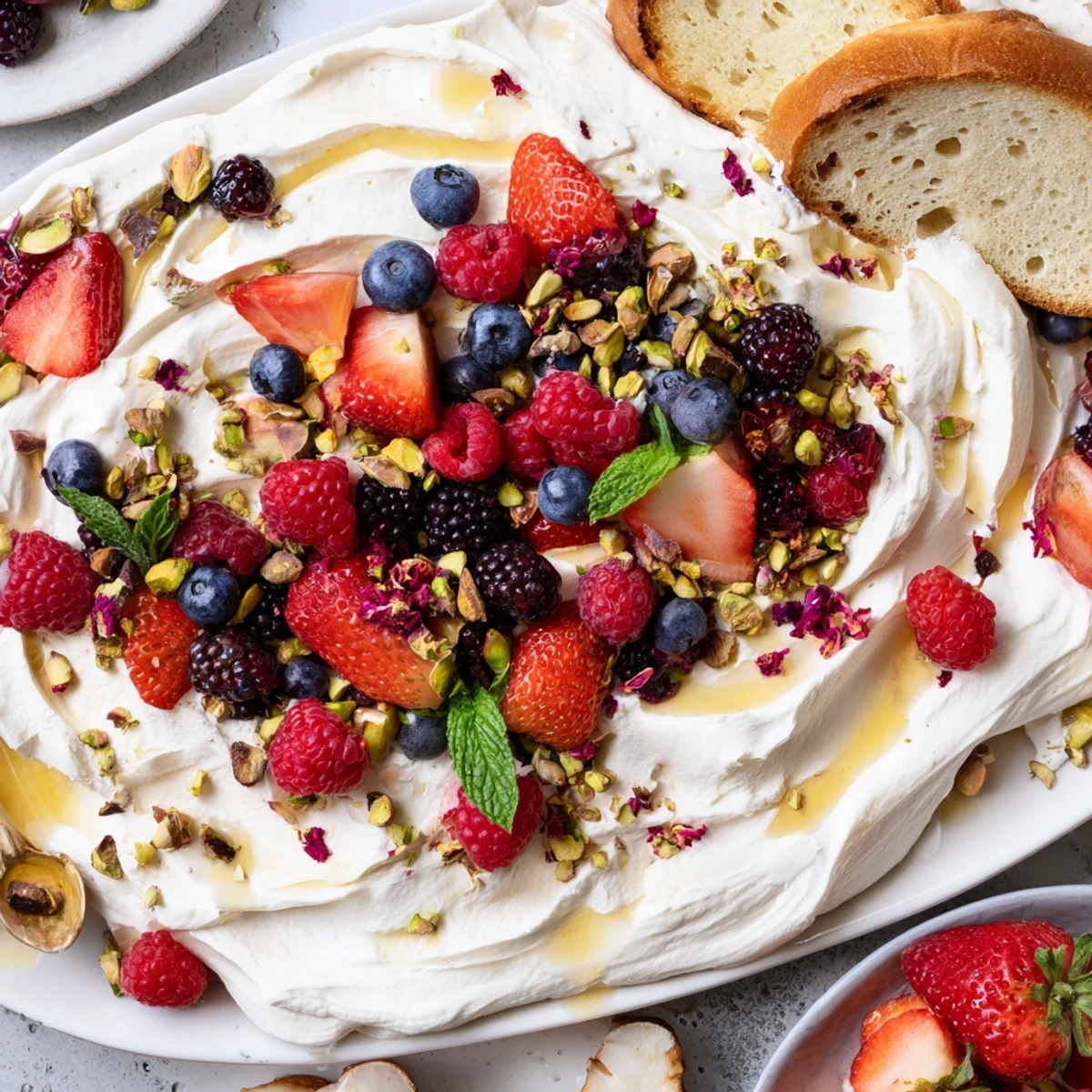 Delicious Butter Board Dessert version topped with colorful fresh berries and nuts.  