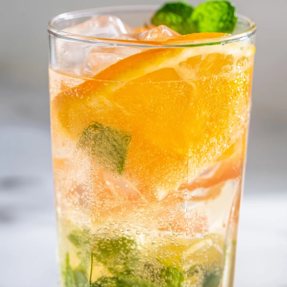 Refreshing Probiotic Soda Mocktail garnished with fresh mint and orange slices.  