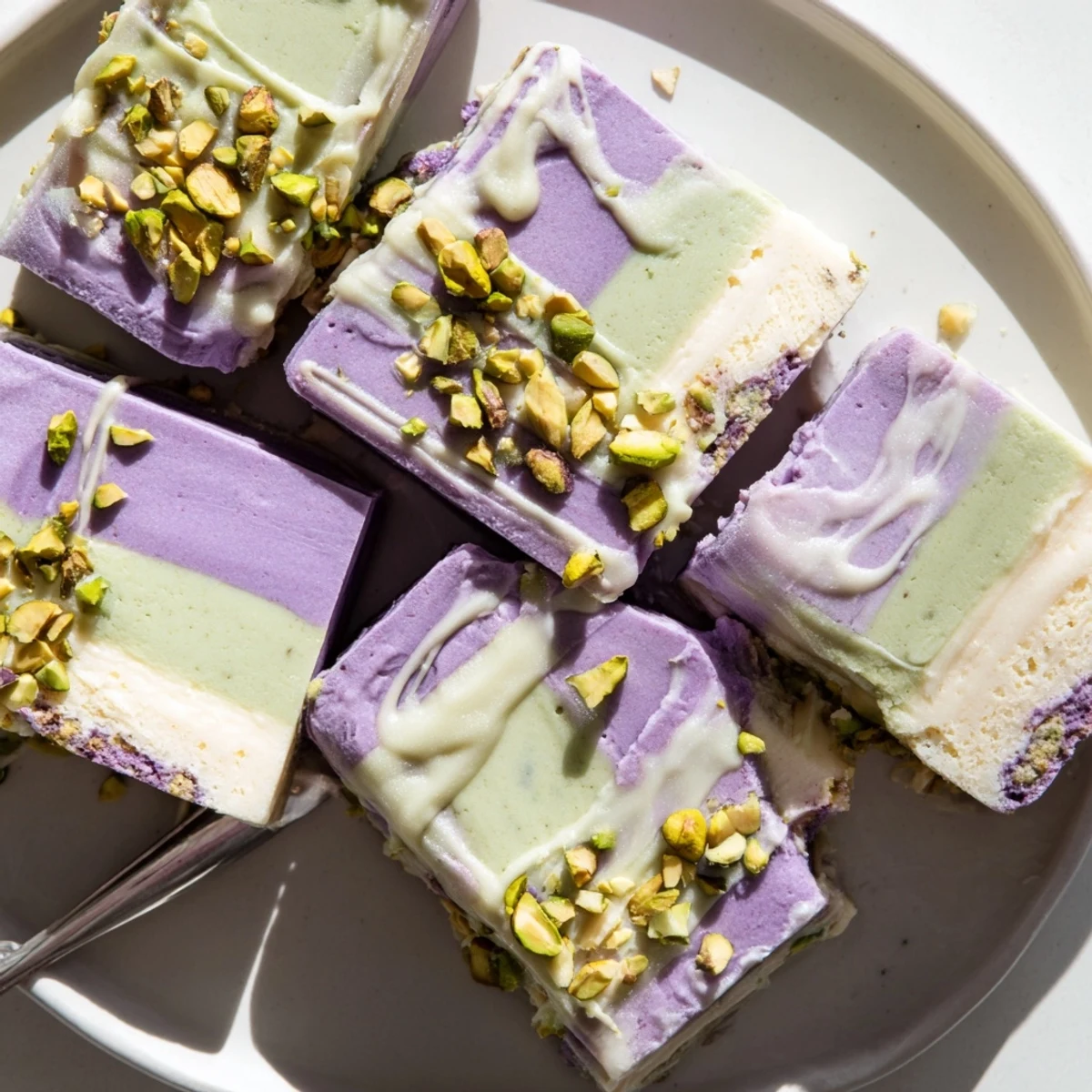 Creamy ube and pistachio ice cream bars on a wooden board, perfect summer treat.  