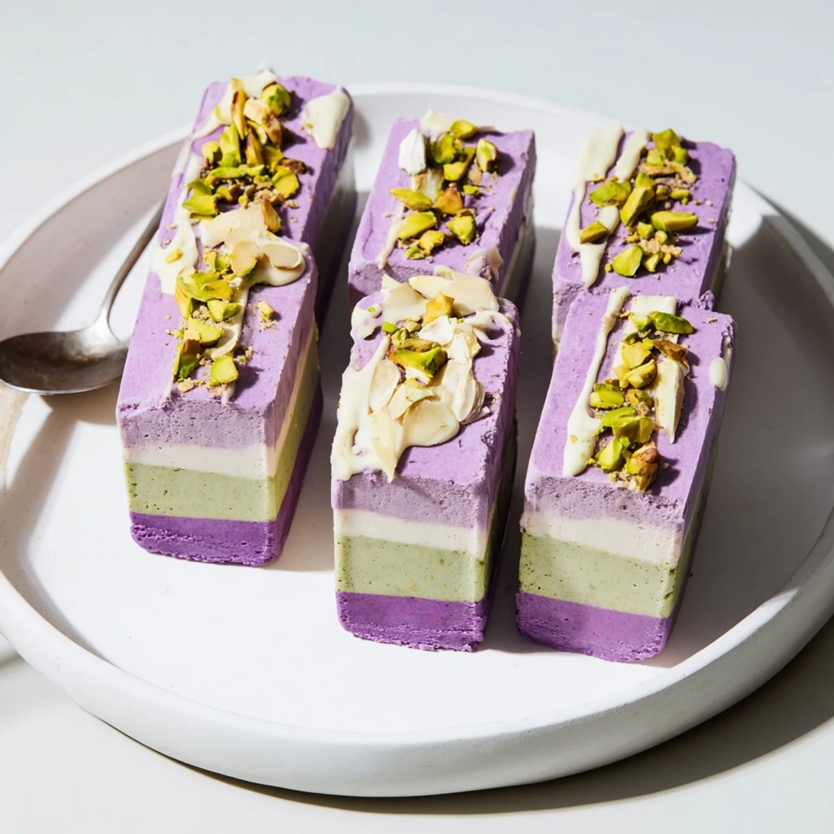 Vibrant ice cream bars showcasing layered ube and pistachio, ideal for gatherings.  