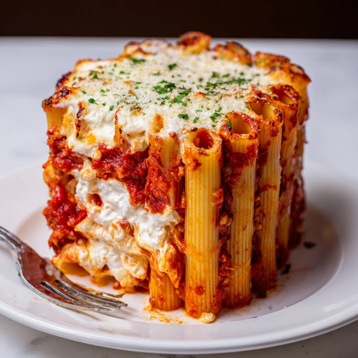 Delicious Honeycomb Pasta Cake layered with ooey-gooey melted cheese and vibrant tomato sauce.  