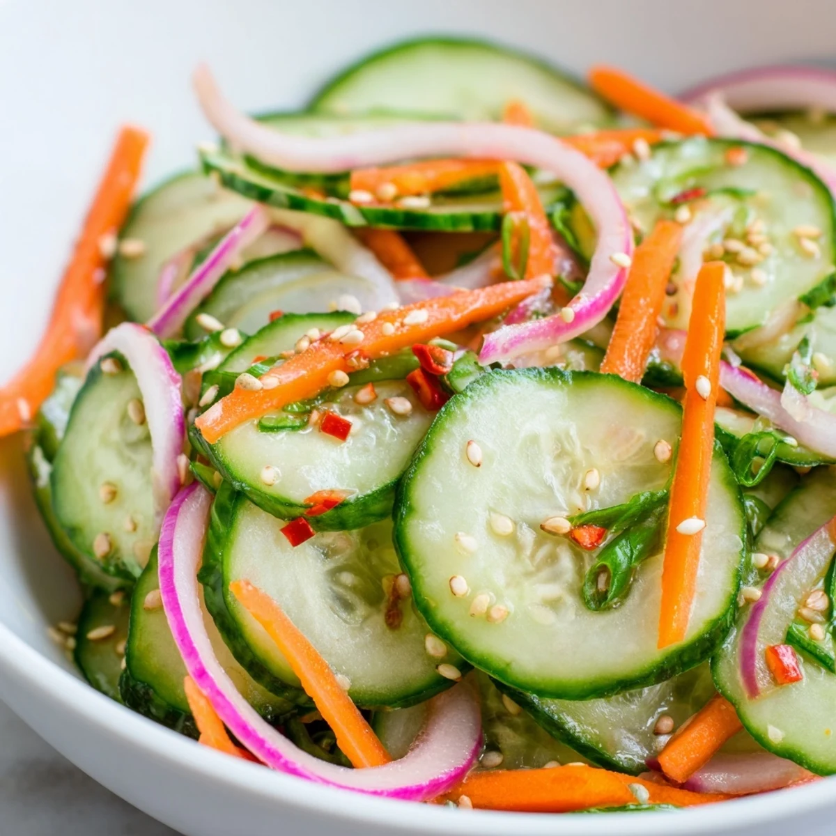 Vibrant cucumber salad remix with sesame seeds and colorful veggies, a refreshing side.  