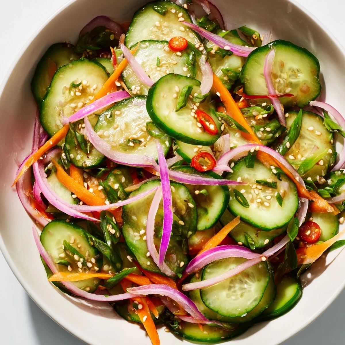 Crunchy cucumber salad remix with scallions and a savory sesame dressing for flavor.