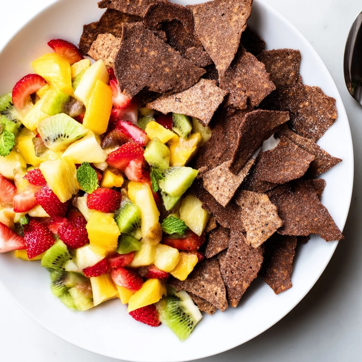 Crispy chocolate chips paired with fresh fruit salsa for a delightful dessert experience.