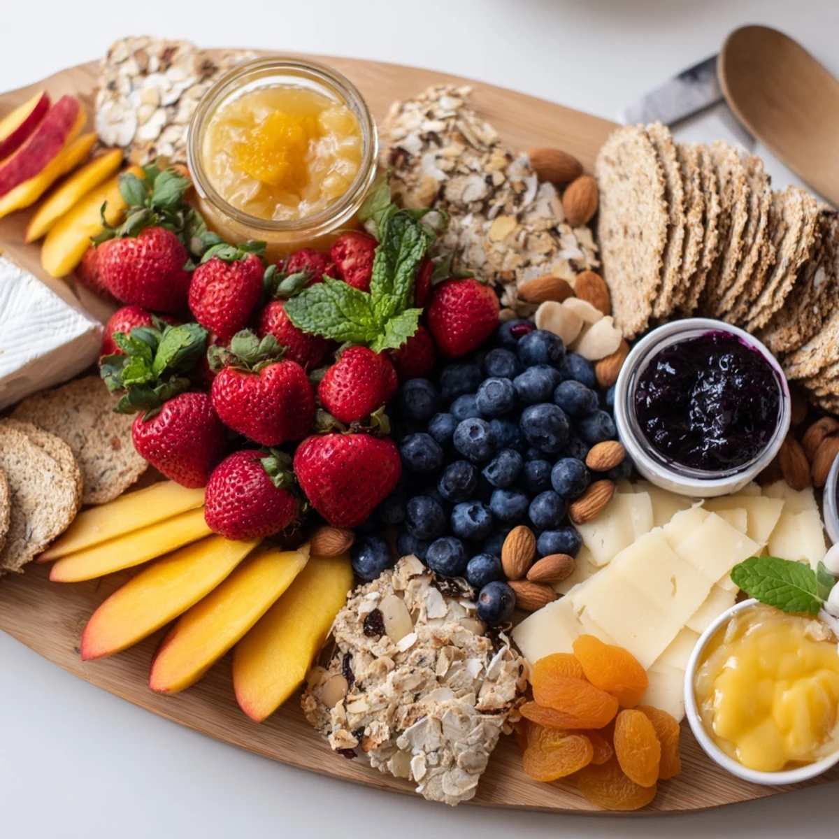 Vibrant jam-infused brunch board featuring fresh fruits, creamy cheeses, and warm breads.  