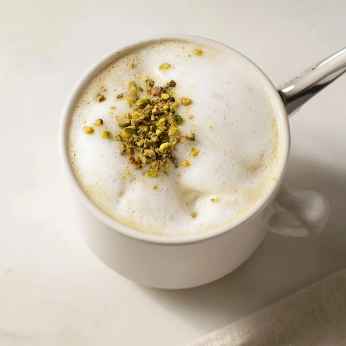 Creamy pistachio milk latte topped with crushed nuts for a delightful finish.  