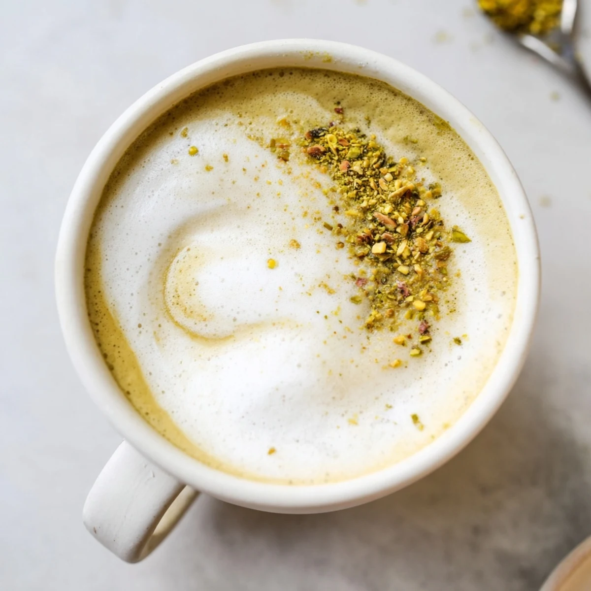 Enjoy a fragrant pistachio milk latte, perfect for cozy mornings or brunch.  