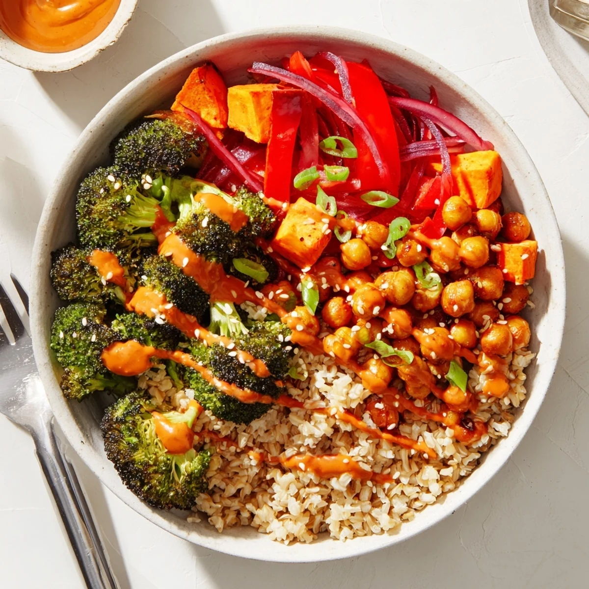 Vibrant Bold Sauce Drizzle Bowls topped with roasted vegetables and flavorful sauces.  