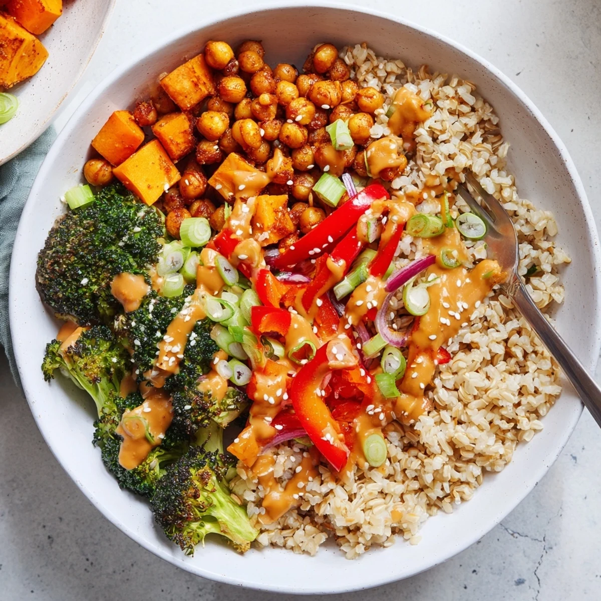 Satisfying Bold Sauce Drizzle Bowls with crispy chickpeas and fresh toppings to enjoy.