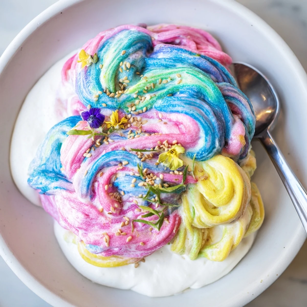 Colorful Neon Noodle Cloud resting in a creamy sauce, garnished with scallions and sesame.  