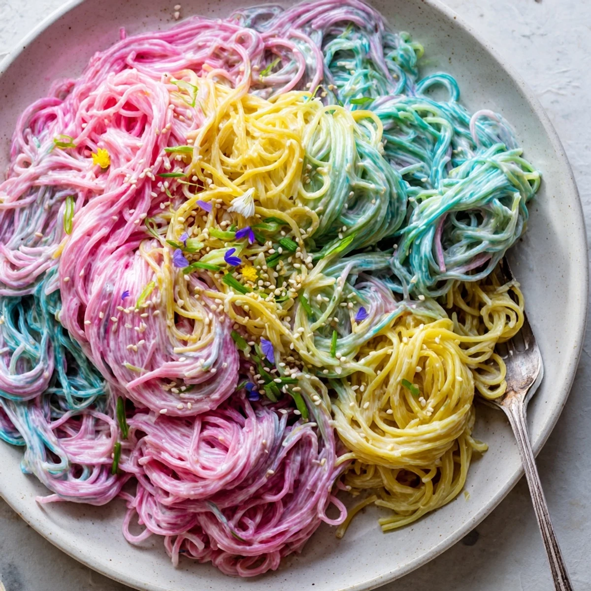 Delicious Neon Noodle Cloud featuring rainbow noodles in a luscious creamy sauce.