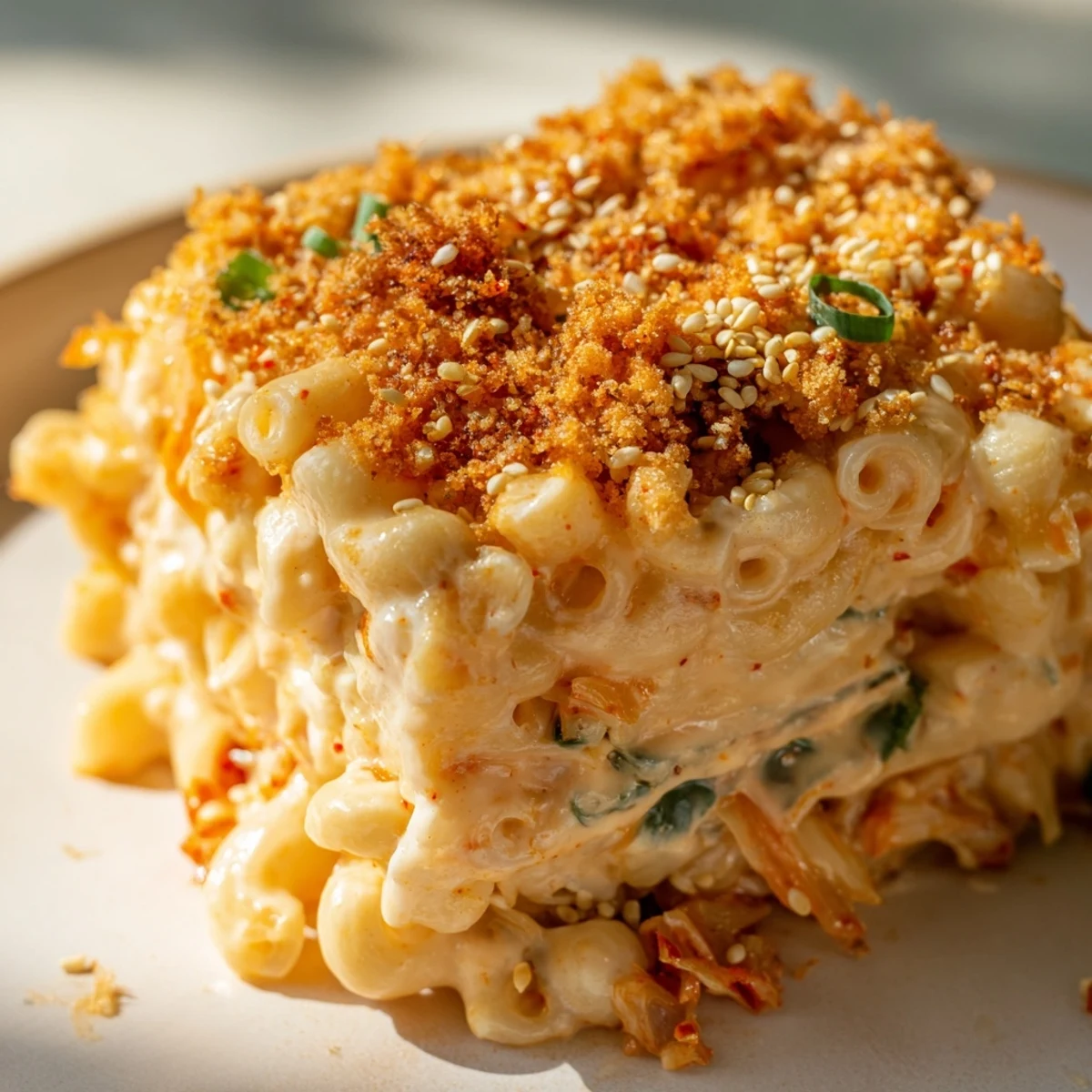 Creamy Spicy Kimchi Mac & Cheese topped with crispy sesame breadcrumb crunch.  