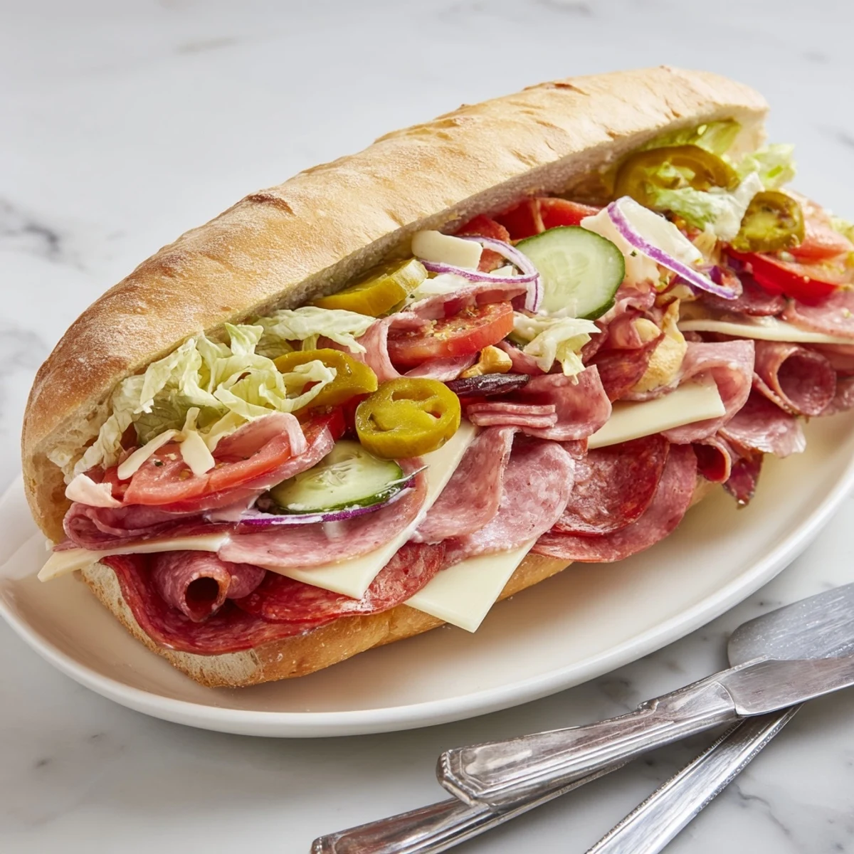 Colorful Flavor Mash-Up Sandwiches with creamy provolone cheese and zesty pepperoncini peppers.