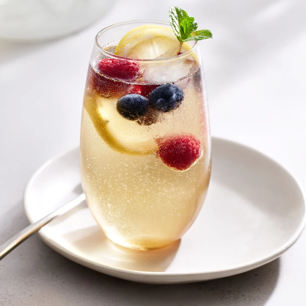 Refreshing kombucha-style home-brew mocktails with vibrant berries and mint garnish.  