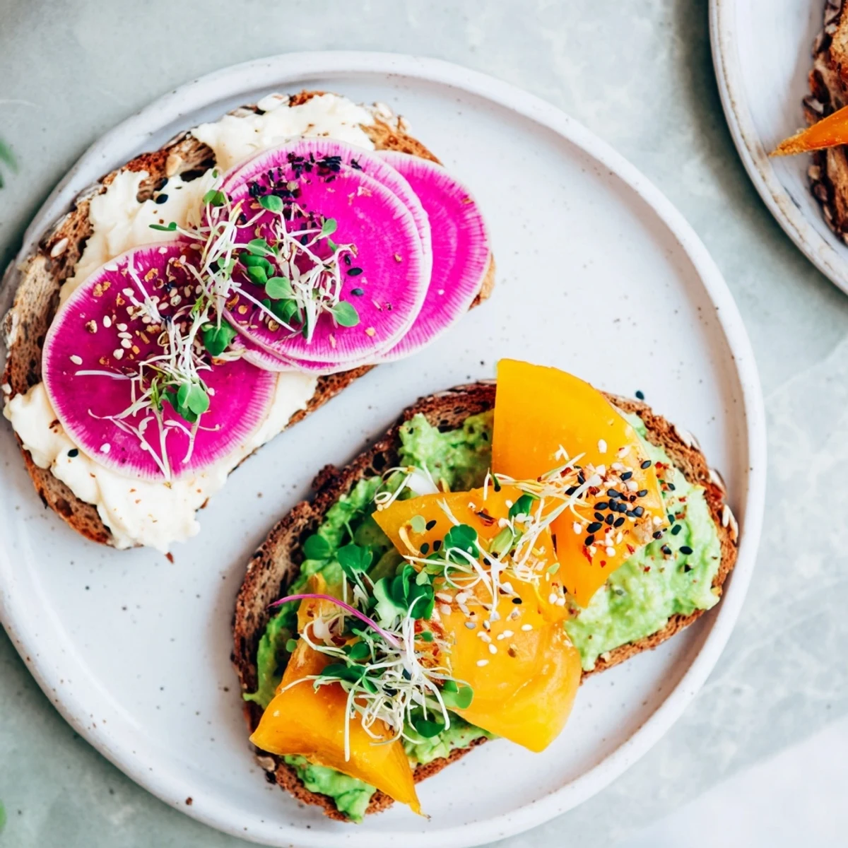 Delicious breakfast toasts featuring ube and avocado, garnished with pomegranate seeds.