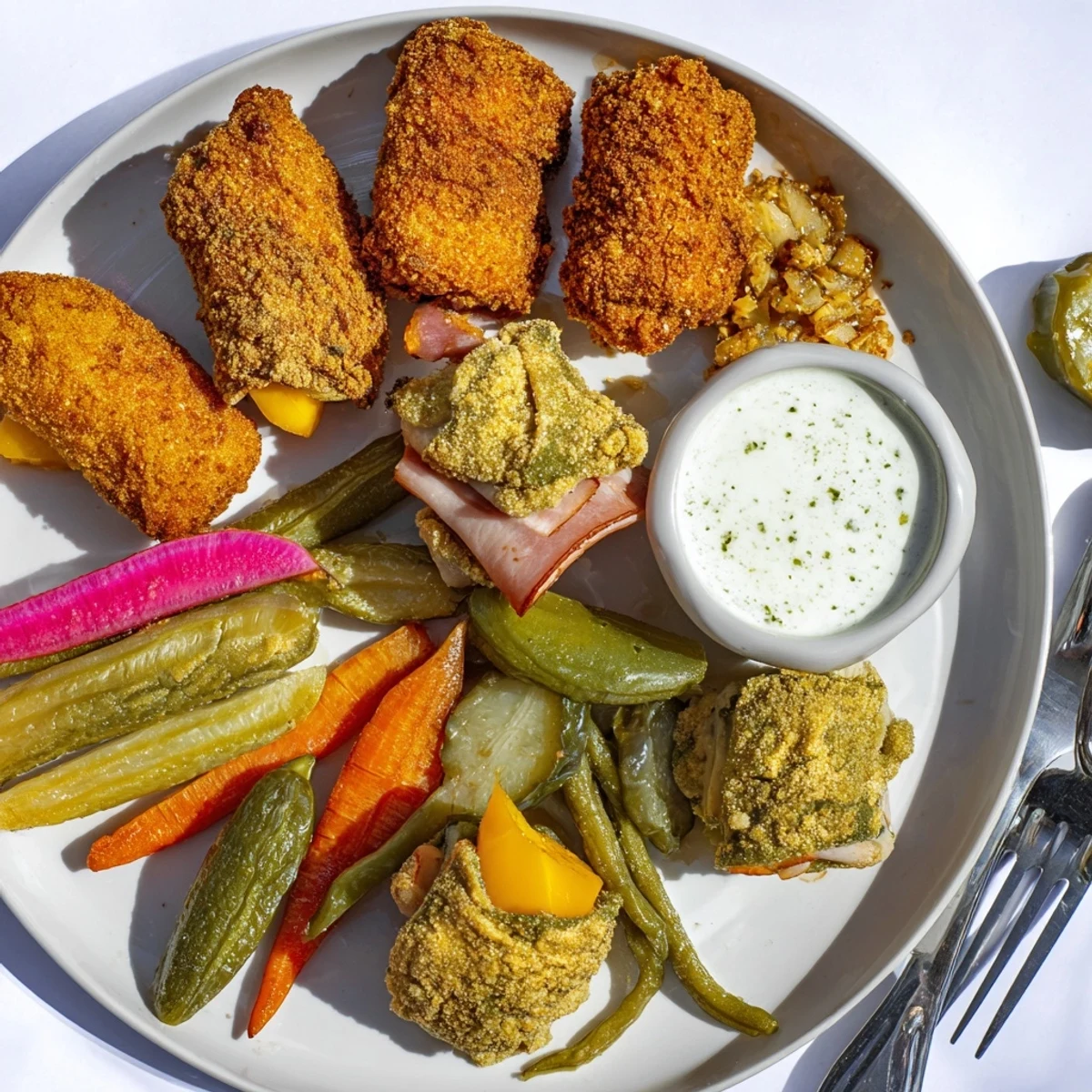 A vibrant assortment of crunchy pickled vegetables beside fried pickles and cheese bites.  