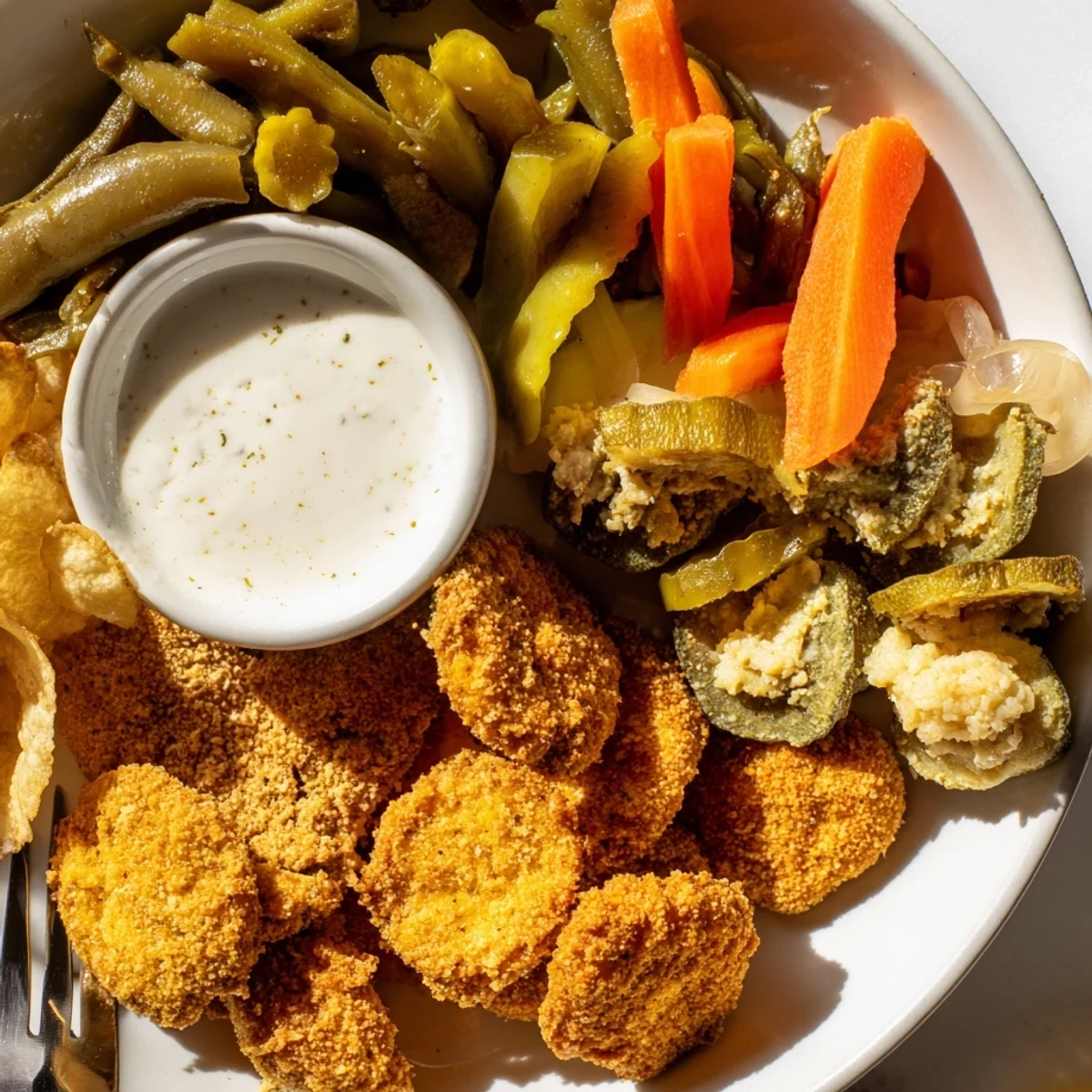 Delicious pickled-wrapped bites resting next to golden fried pickles on a colorful plate.