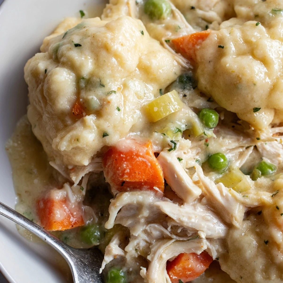 Hearty Chicken and Dumplings Casserole baked until golden, perfect for a cozy dinner.  