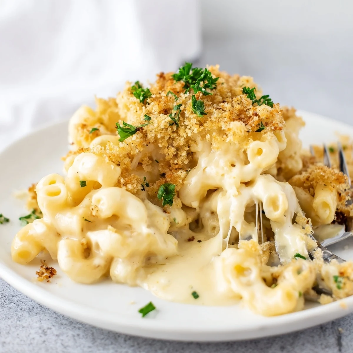 Decadent truffle macaroni and cheese topped with crispy panko and fresh parsley.  
