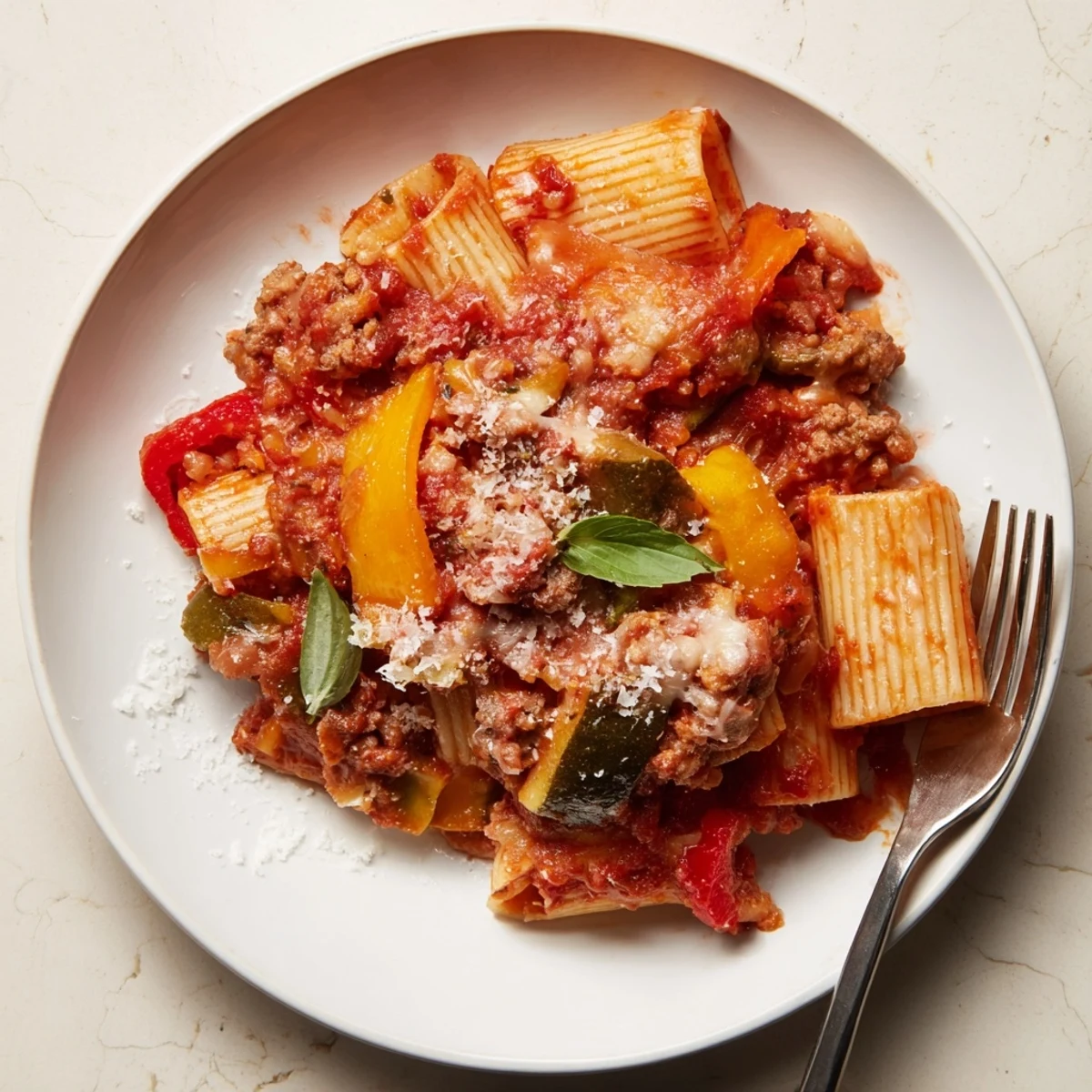 Hearty baked rigatoni with sausage and peppers topped with melted cheese.  