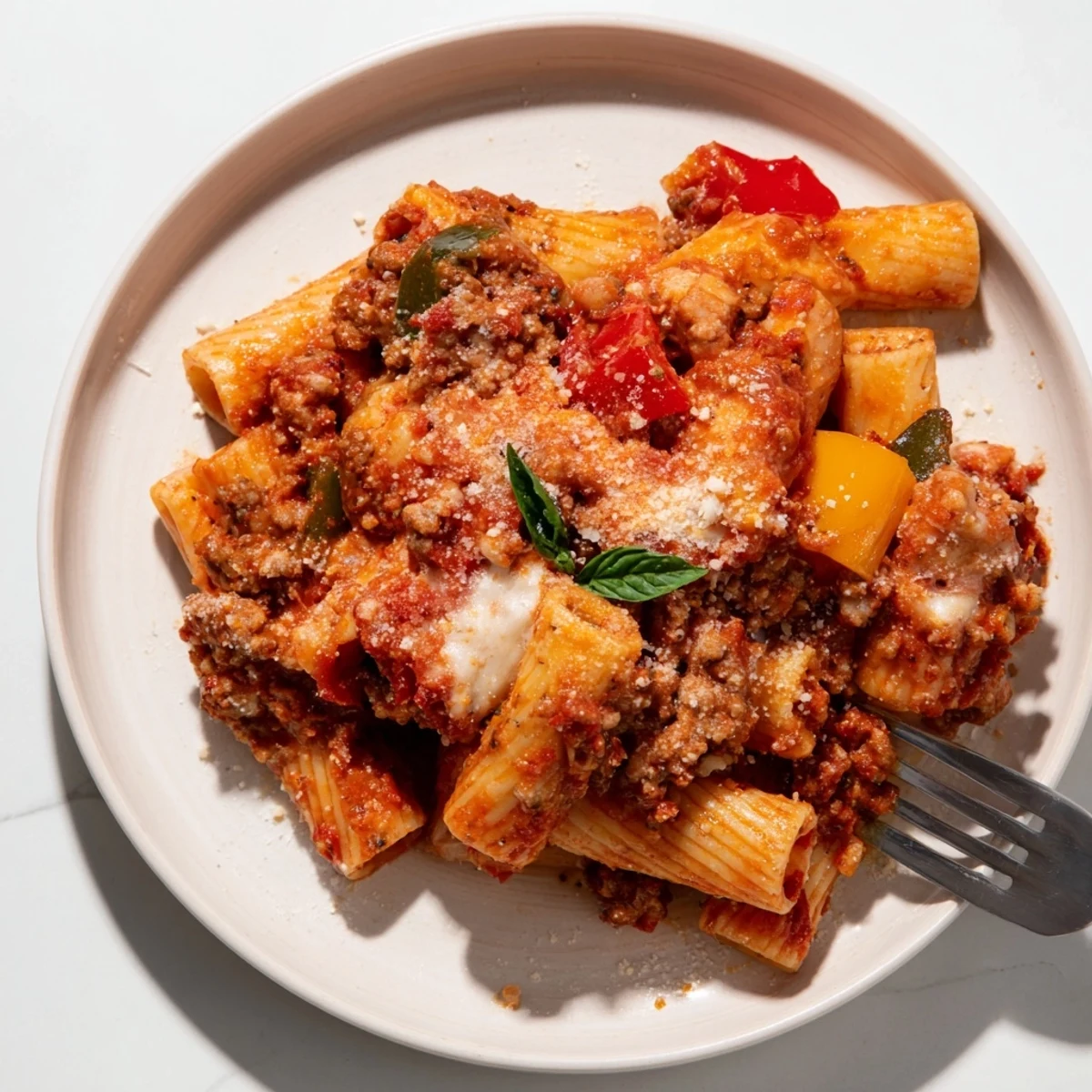 Savory baked rigatoni with sausage and colorful bell peppers in cheesy perfection.