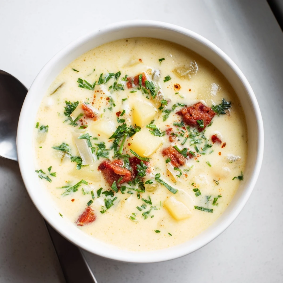 Creamy Potato, Leek & Chorizo Soup Bowl garnished with parsley and served with crusty bread.  