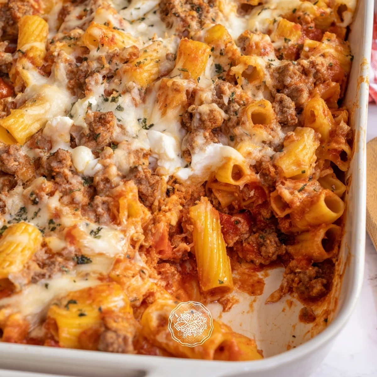 Creamy Baked Ziti with Meat Sauce topped with melted cheese, perfect for family gatherings.  
