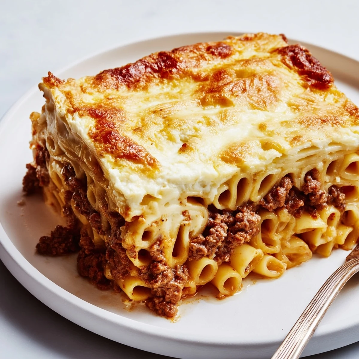 Aromatic Greek Pastitsio layered with creamy béchamel and spiced beef, baked golden.  