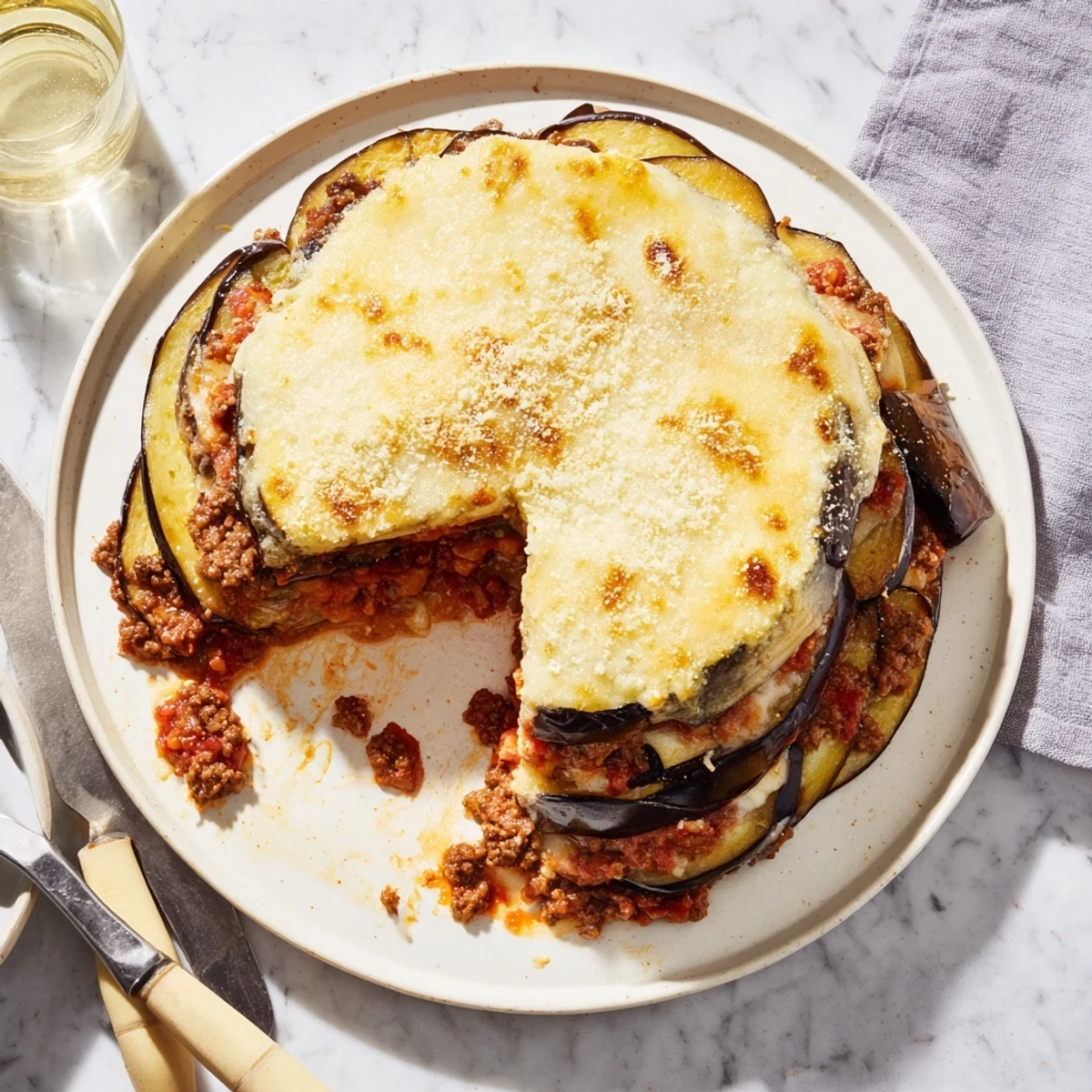 Layers of flavorful Moussaka with Beef & Eggplant, topped with creamy béchamel sauce.